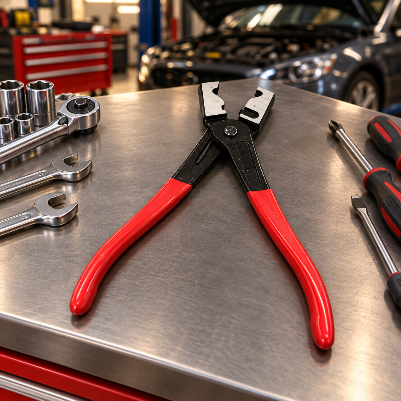 Pince à sertir poignées rouges sur une table dans un garage de mécanicien