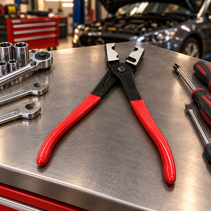 Pince à sertir poignées rouges sur une table dans un garage de mécanicien