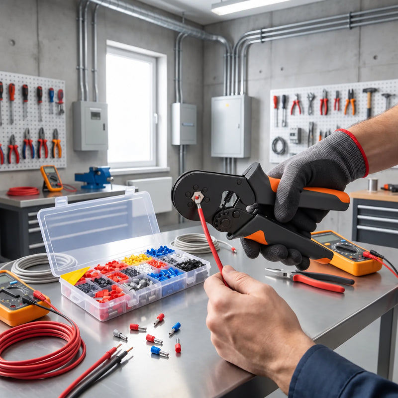 pince a sertir tenu par un électricien dans son atelier