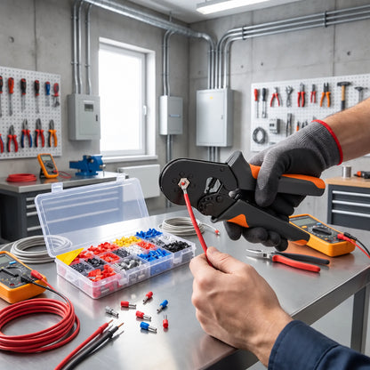 pince a sertir tenu par un électricien dans son atelier