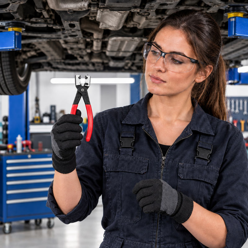 Pince à sertir tenue par ne mécanicienne sous une voiture 