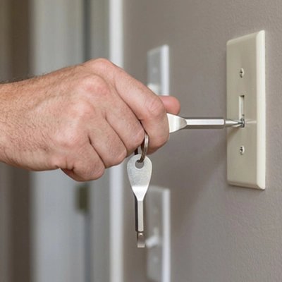 Tournevis argent sur une prise électrique