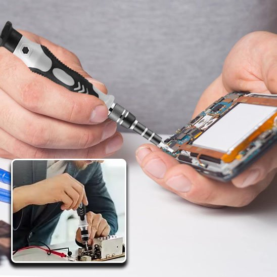 Tournevis dans la main d'un homme réparant des objet électronique