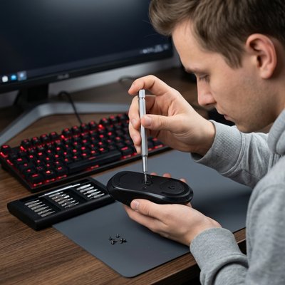 Tournevis dans la main d'une personne qui répare une souris d'ordinateur