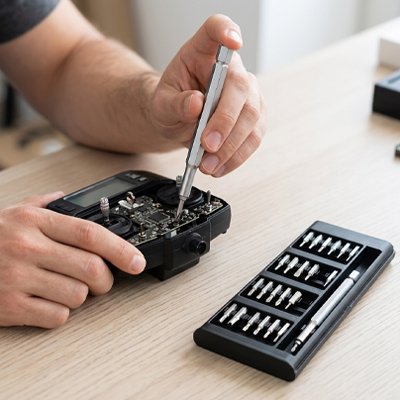 Tournevis dans la main d'une personne qui répare une manette de jeu