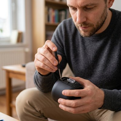 Tournevis dans la main d’une personne réparant un appareil cylindrique 