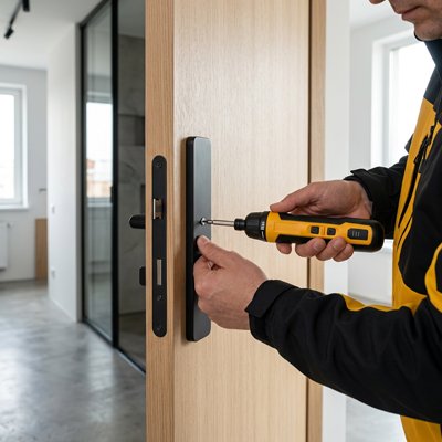Tournevis électrique avec un homme fixant une serrure sur une porte
