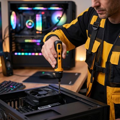 Tournevis électrique dans la main d'un homme qui répare un pc