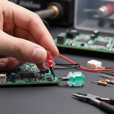 Tournevis mini rouge et vert transparent avec des composants électroniques