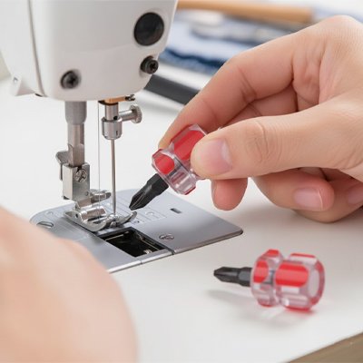 Tournevis mini rouge transparent fixant une machine à coudre