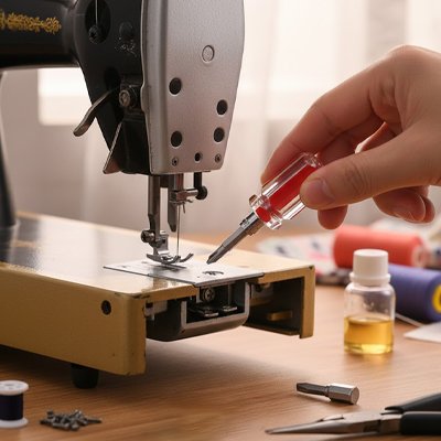 Tournevis mini rouge transparent réparant une machine à coudre