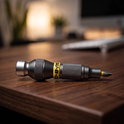 Tournevis noir et jaune sur une table en bois