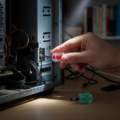 Tournevis rouge et vert transparents dans un atelier de réparation d'ordinateur 