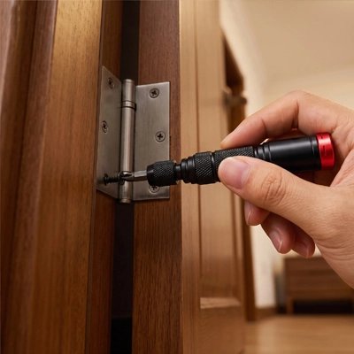 Tournevis serrant les vis d’une porte 