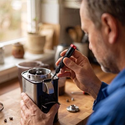 Tournevis tenu par un homme  devant une machine à café 