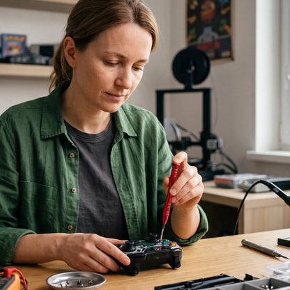 Tournevis tenu par une femme réparant une manette de jeu vidéos