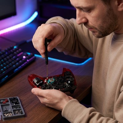 Tournevis tenu par une personne qui répare une manette de jeu