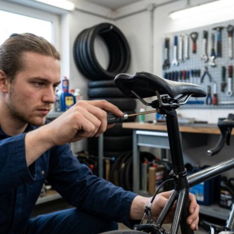 Tournevis utilisé par un cycliste pour réparer le siège d’un vélo 